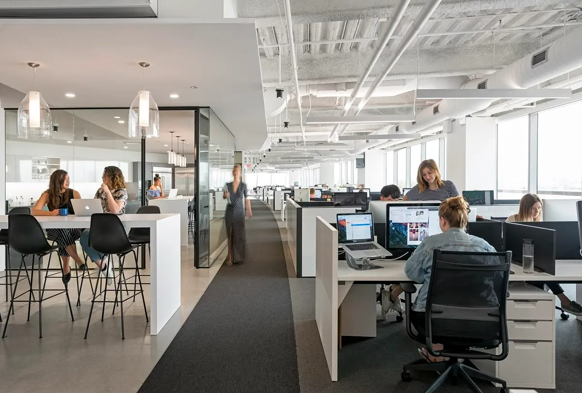 Team members working on laptops and desktop computers in a bright, open office
